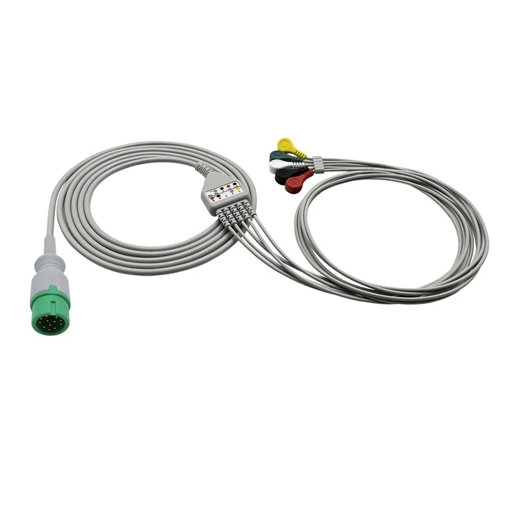 COMEN 12-Pin 5-Lead ECG/EKG Cable, AHA / IEC Snap & Grabber Clips